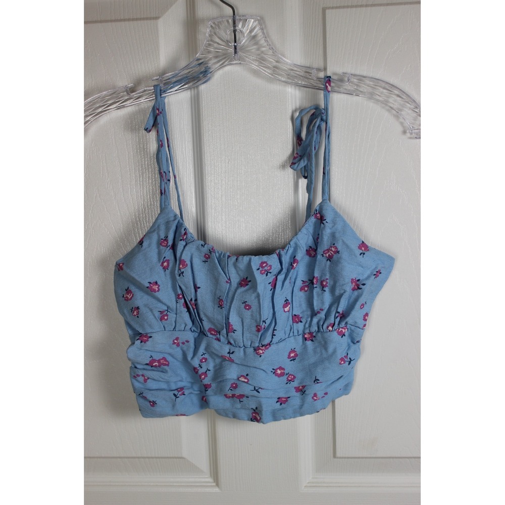 Forever 21 Blue Floral Smocked Crop Top Camisole Tie‎ Shoulder Size Small